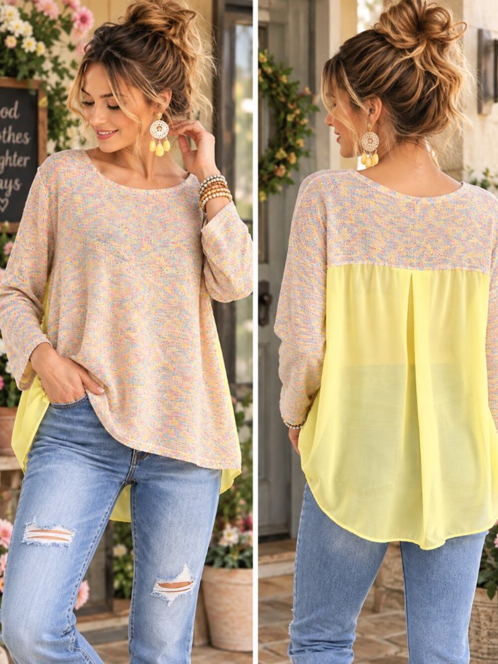 Umgee USA Medium Pastel Multicolor Knit Yellow Sheer Back Boho Tunic Top
